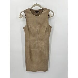 Theory Tan Beige 100% Lamb Suede Leather Front Zip Sleeveless Shift Dress 4
